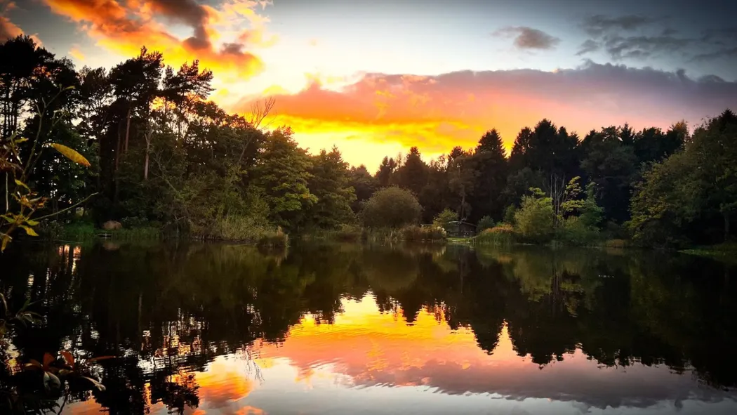 Sunset over Welham Lake, location of the future island glamping retreat
